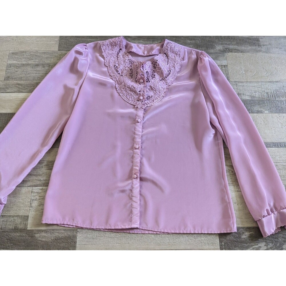 Silky Classic Flowy Elegant Pink Floral Crochet Blouse Sz S-M Romantic Summer 25